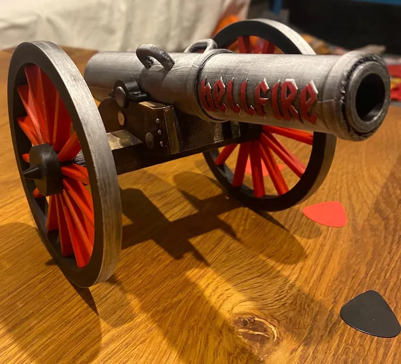 Hellfire Cannon display piece, front three-quarter view